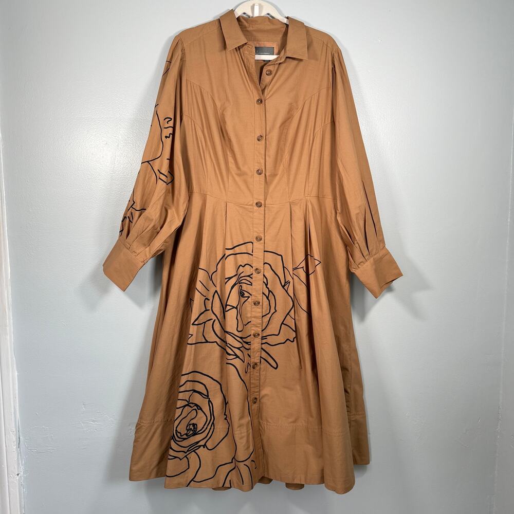 Anthropologie Printed Poplin Shirtdress 18 Tan Floral Line Art Midi Dress - Picture 3 of 9